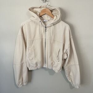 BDG Urban Outfitters Women's M Corduroy Cropped Hooded Jacket Cream Zip Front